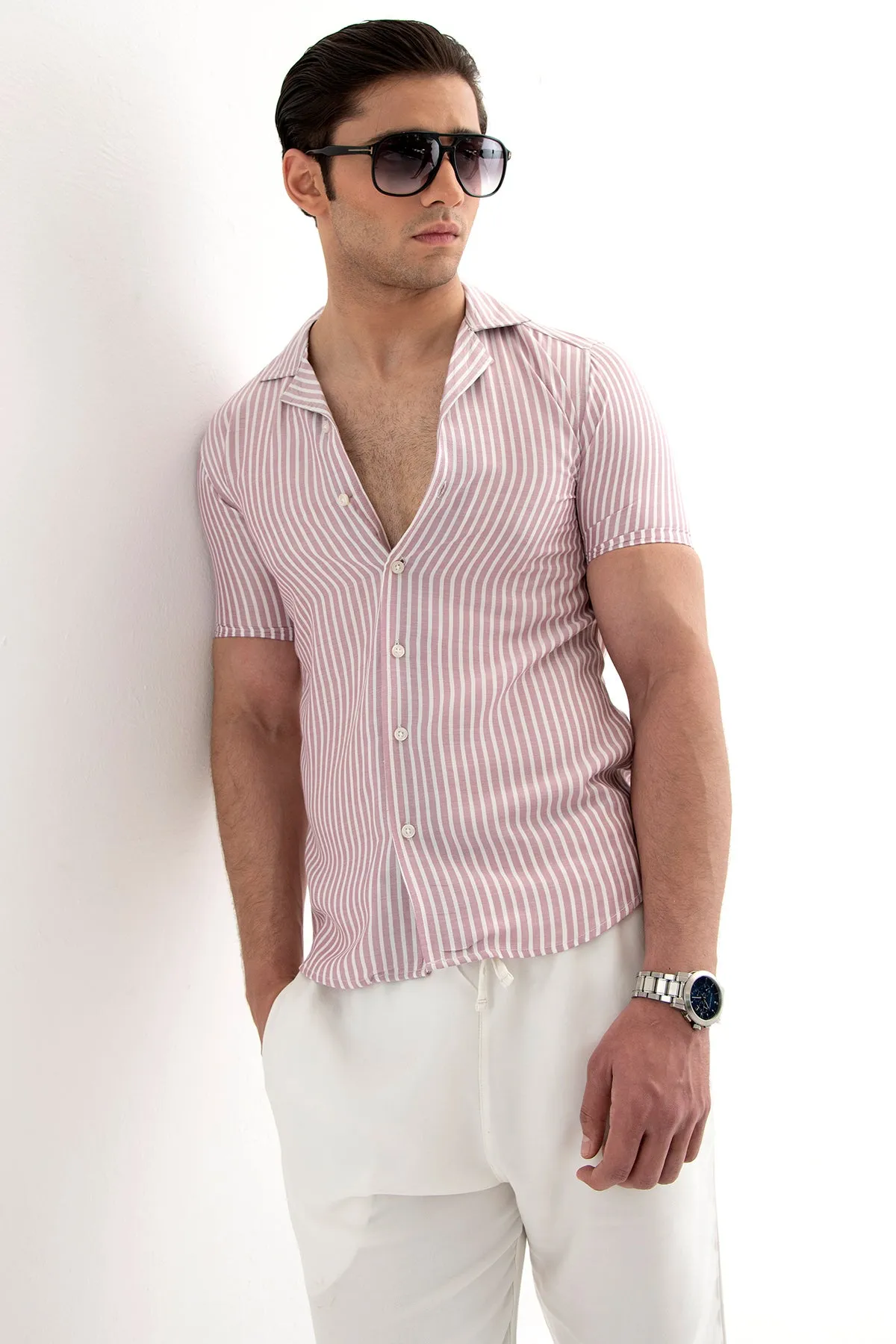 Baby Pink lining Cuban Shirt