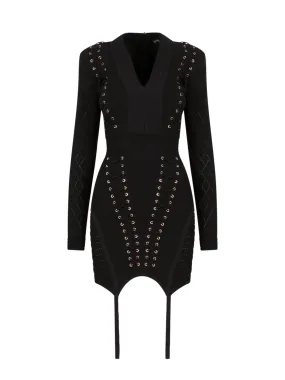 Balmain Eyelet-Detailed Ribbed Lace-Up Mini Dress