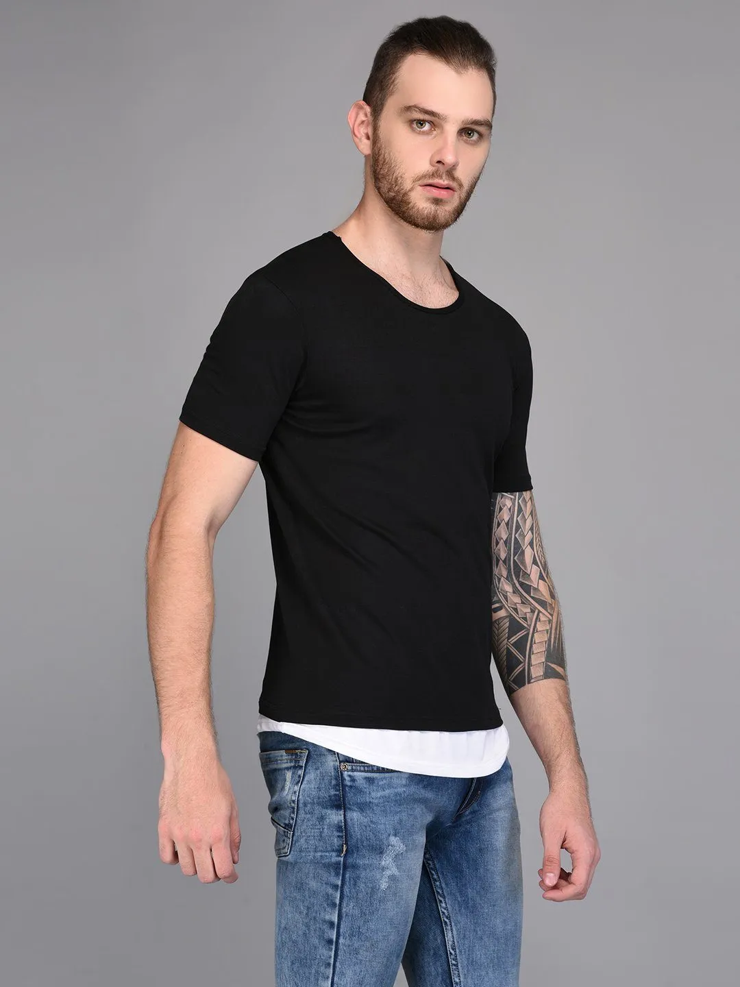 Basic Black T-shirt with Contrast White Lining