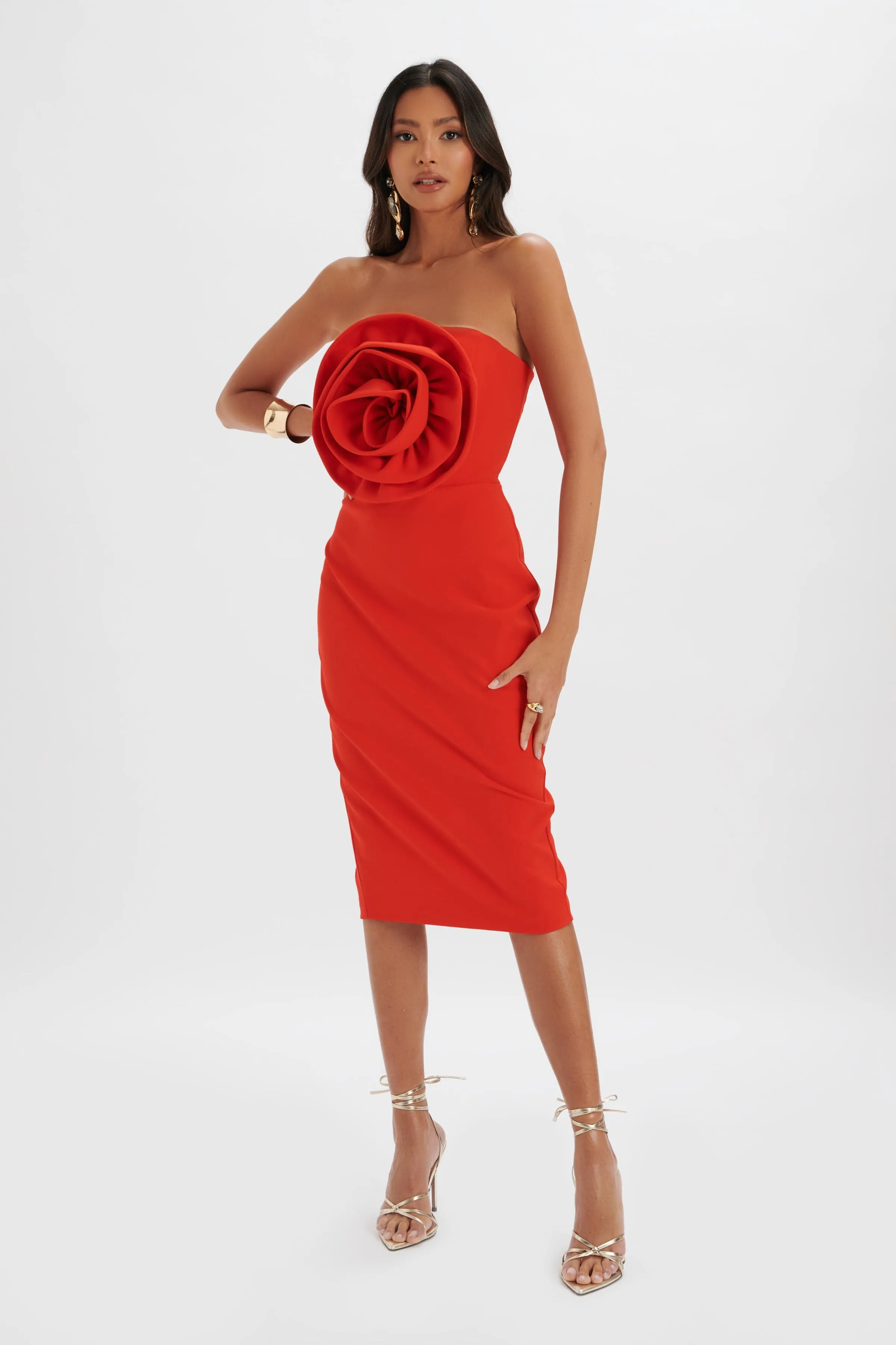 BELLE 3D Flower Bandeau Midi Dress in Red