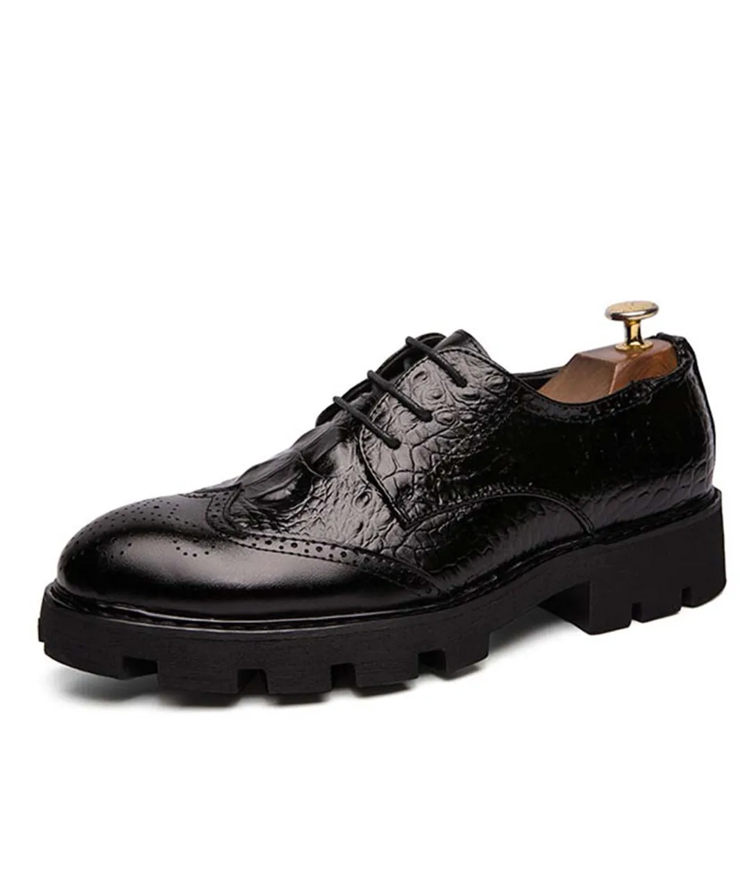 Black brogue croco skin pattern derby dress shoe