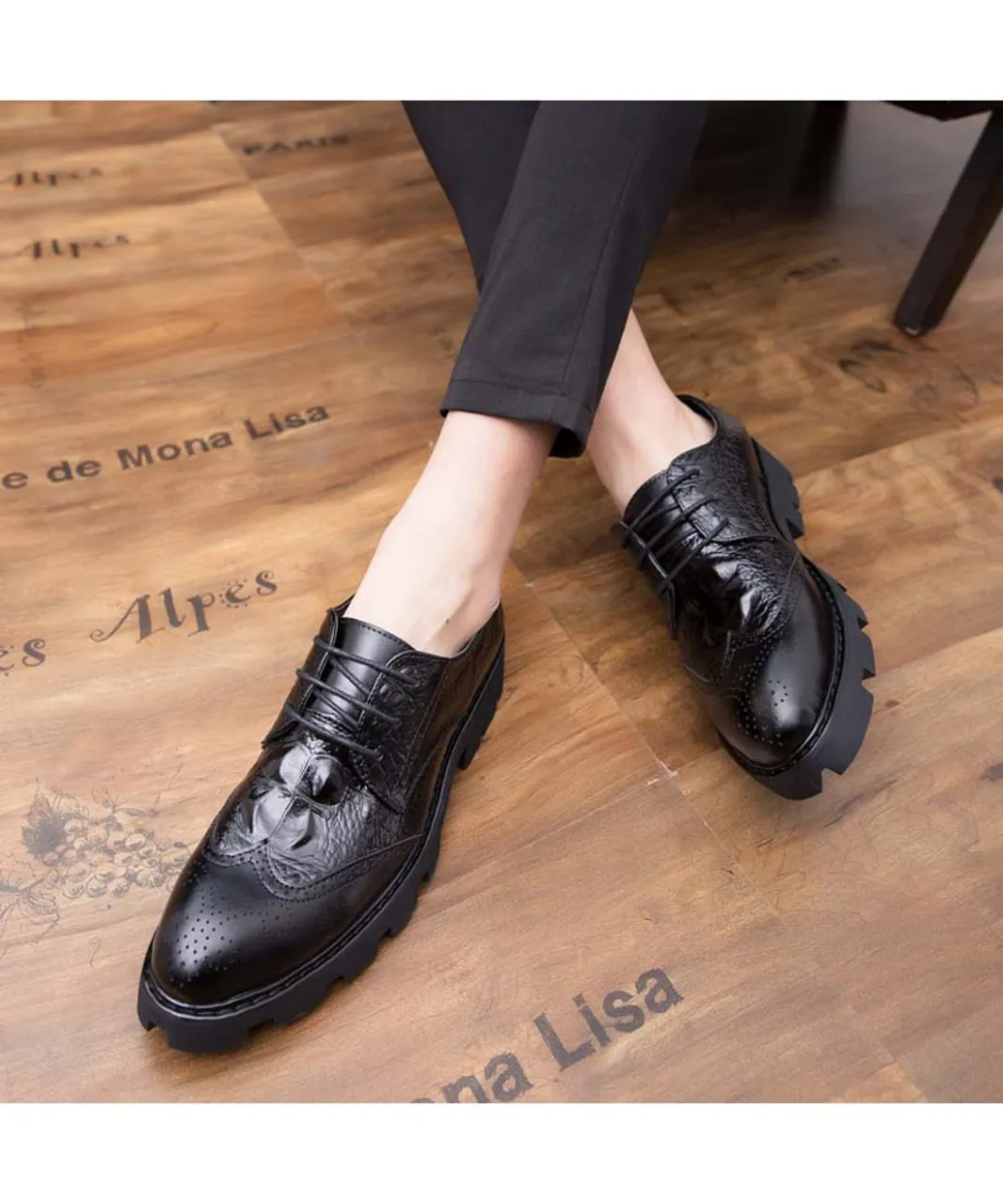 Black brogue croco skin pattern derby dress shoe