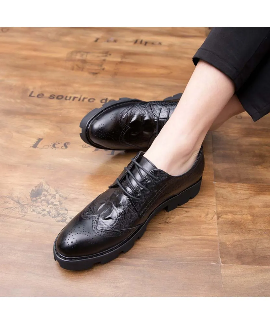 Black brogue croco skin pattern derby dress shoe