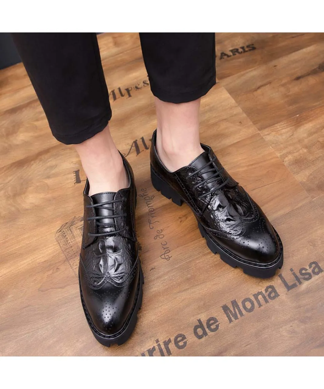 Black brogue croco skin pattern derby dress shoe