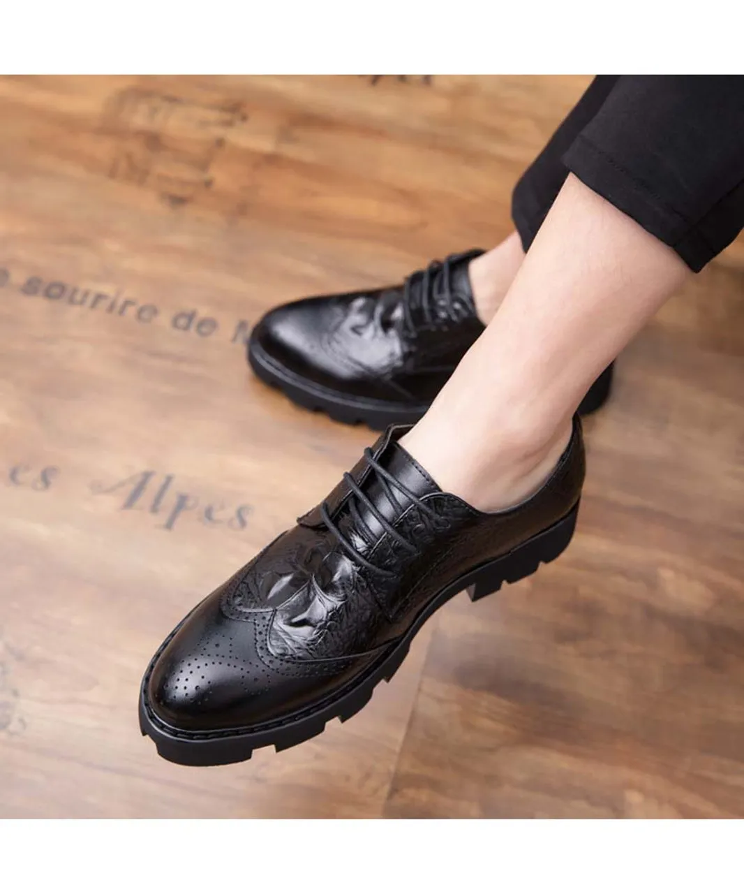 Black brogue croco skin pattern derby dress shoe