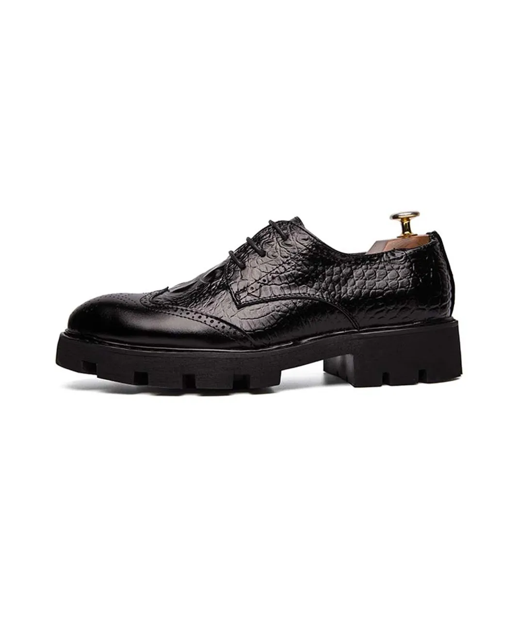 Black brogue croco skin pattern derby dress shoe