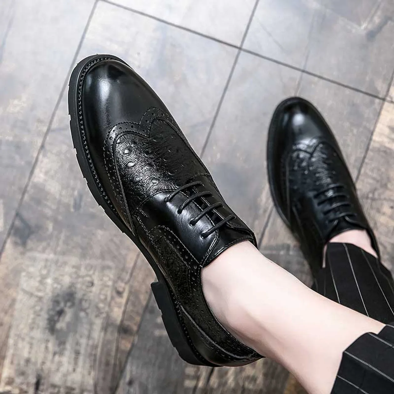 Black croc skin pattern brogue derby dress shoe 2157