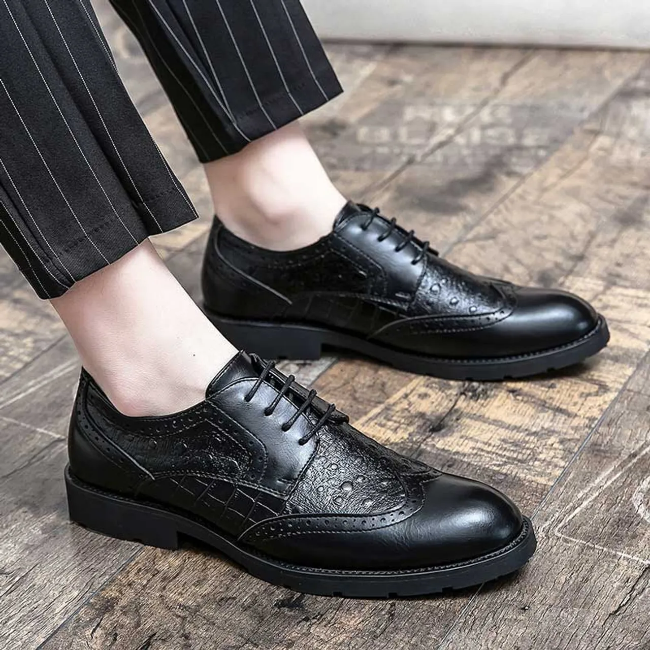 Black croc skin pattern brogue derby dress shoe 2157