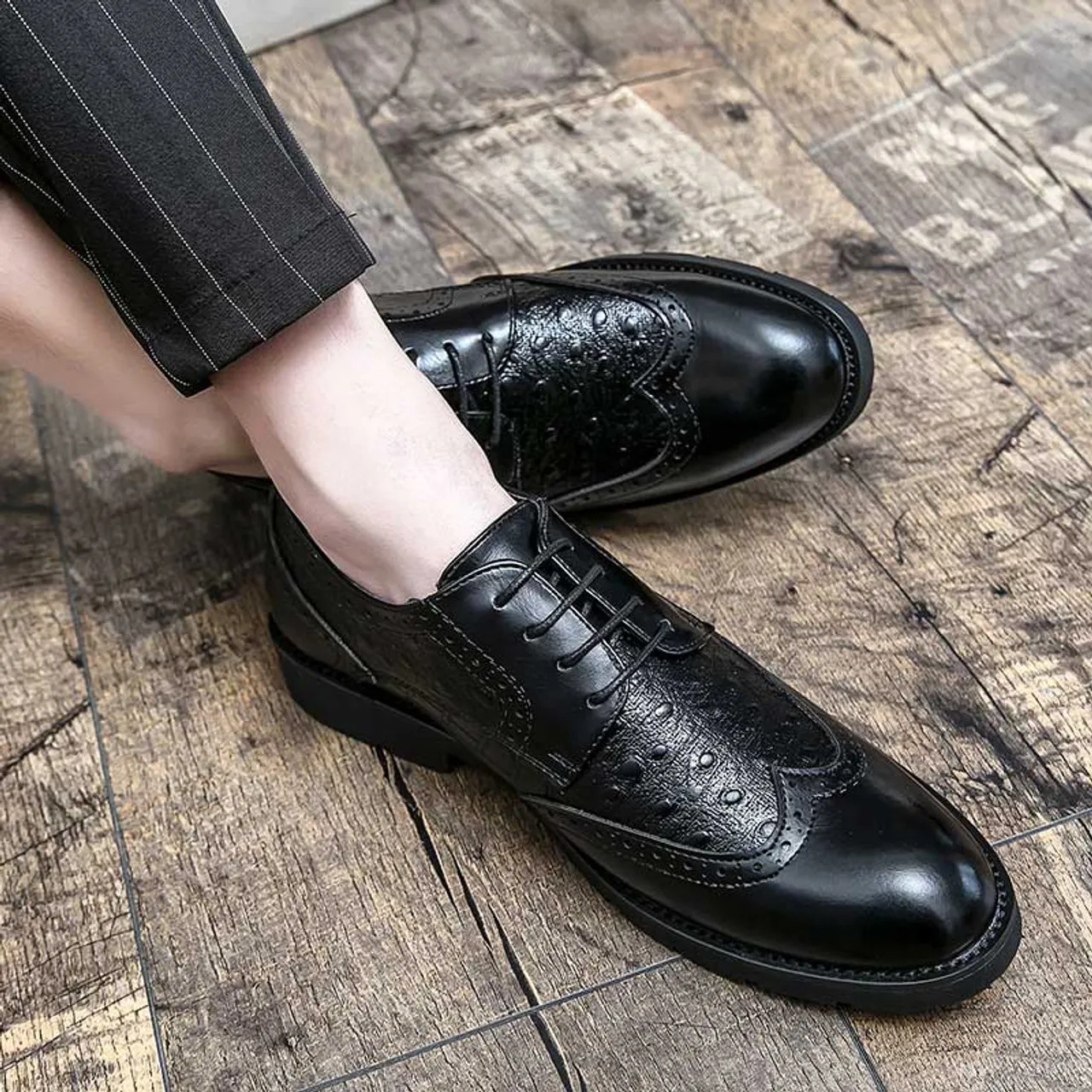 Black croc skin pattern brogue derby dress shoe 2157