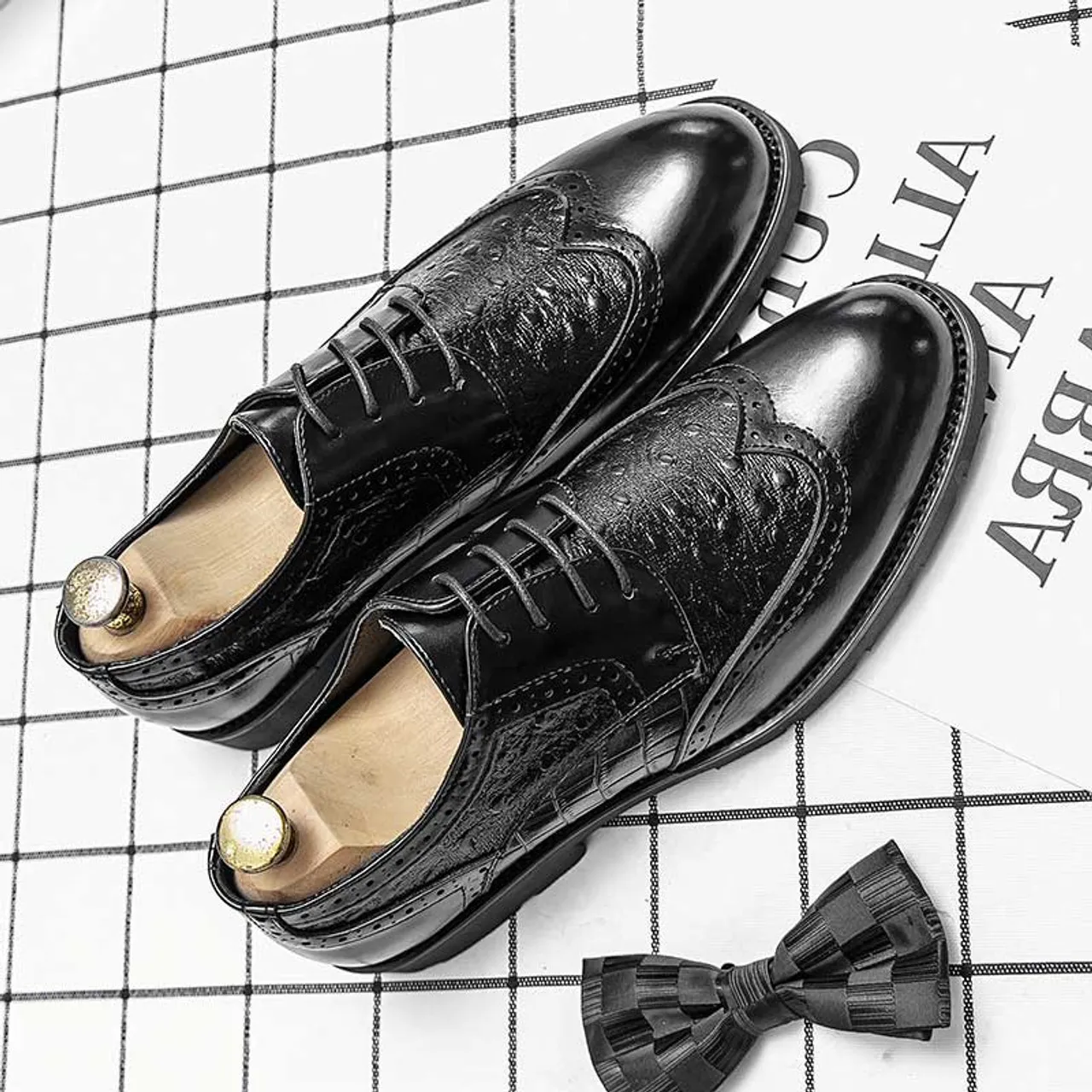 Black croc skin pattern brogue derby dress shoe 2157