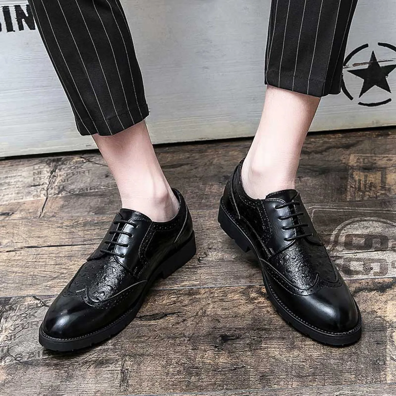 Black croc skin pattern brogue derby dress shoe 2157