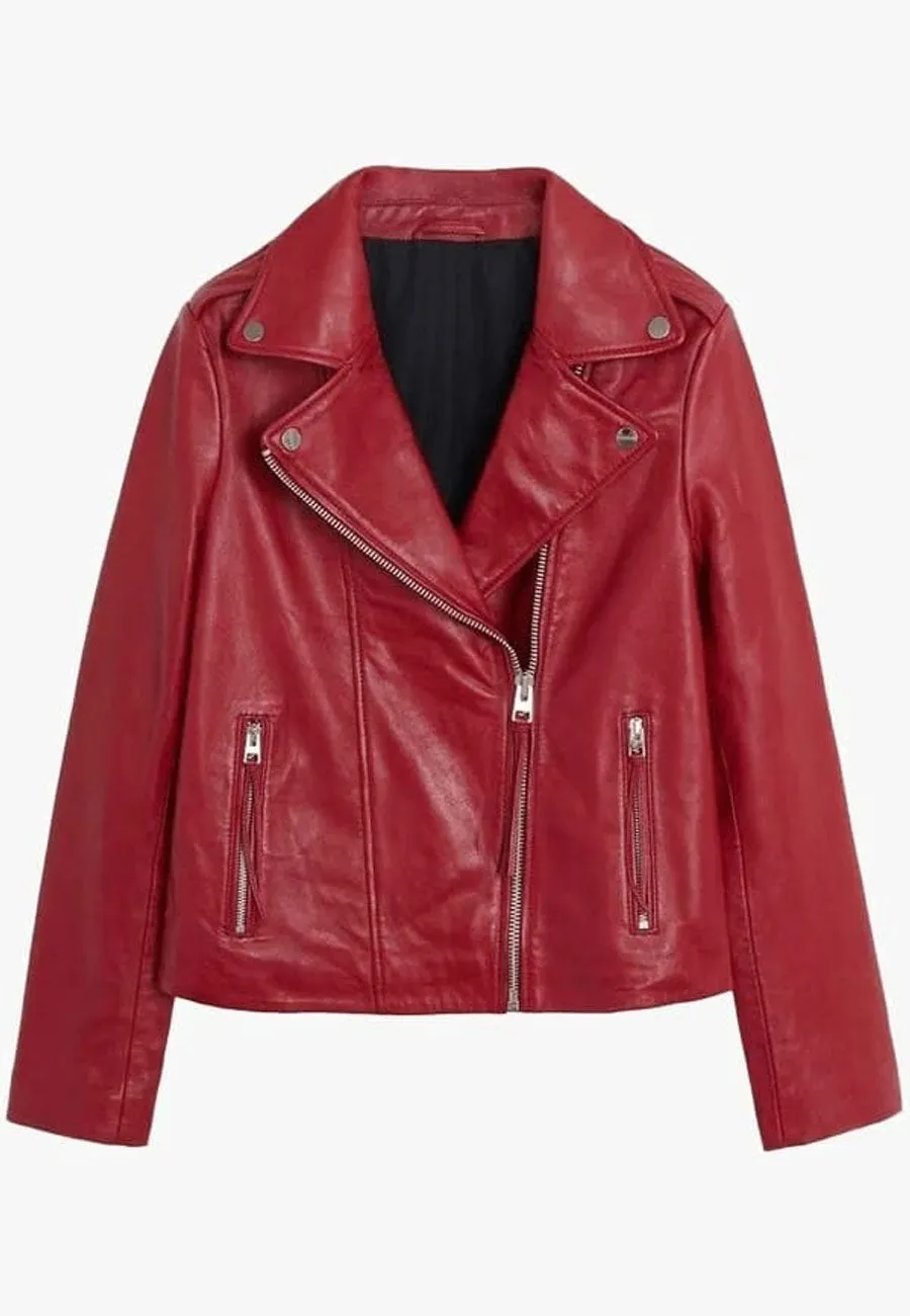 Bold Women's Red Sheepskin Leather Biker Jacket