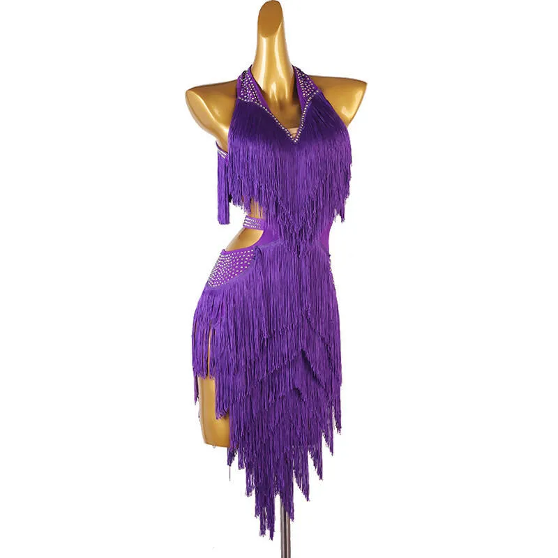 Chromatic Cascade Fringed Latin Dance Dress | Red/Blue/Purple/Green/Yellow | LQ411