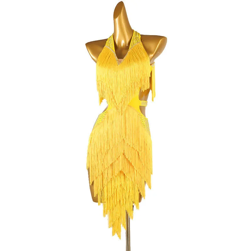 Chromatic Cascade Fringed Latin Dance Dress | Red/Blue/Purple/Green/Yellow | LQ411