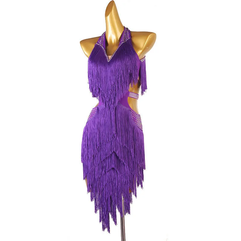 Chromatic Cascade Fringed Latin Dance Dress | Red/Blue/Purple/Green/Yellow | LQ411