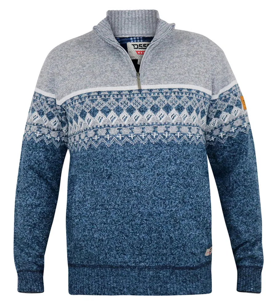 D555 Tall Mens Fairisle Knitted Jumper With 1/4 Zip and Lining (RUDDINGTON)