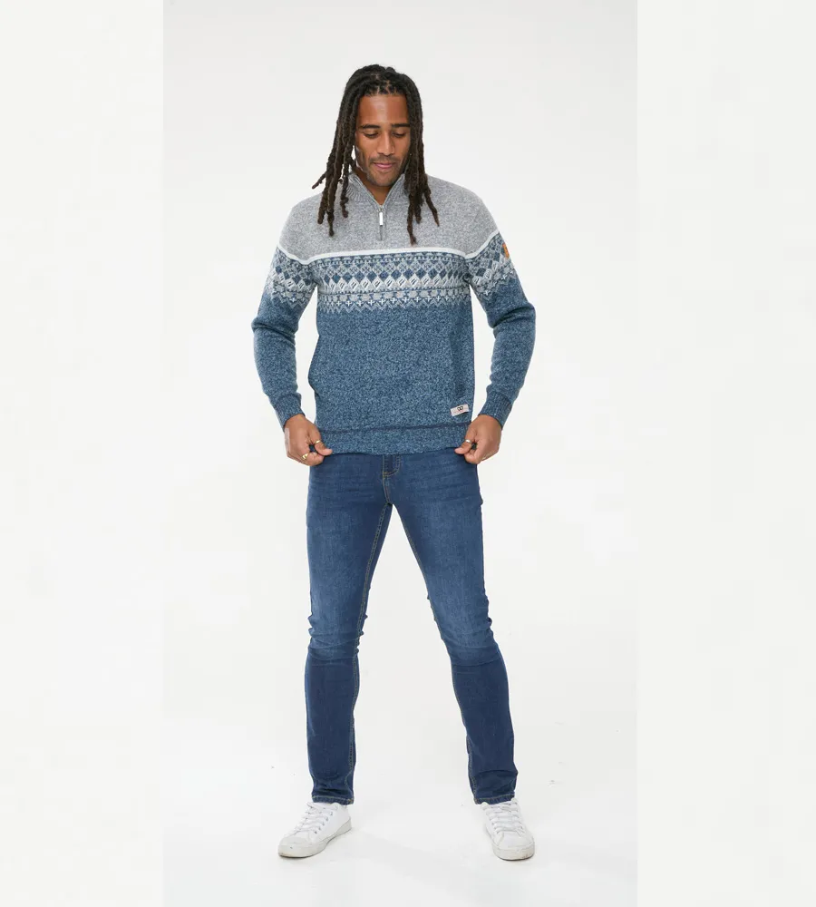 D555 Tall Mens Fairisle Knitted Jumper With 1/4 Zip and Lining (RUDDINGTON)