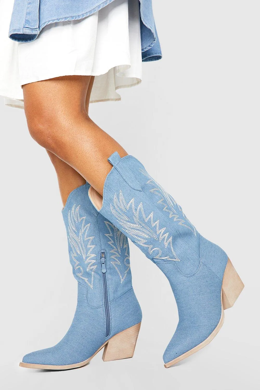 Denim Knee High Western Cowboy Boots