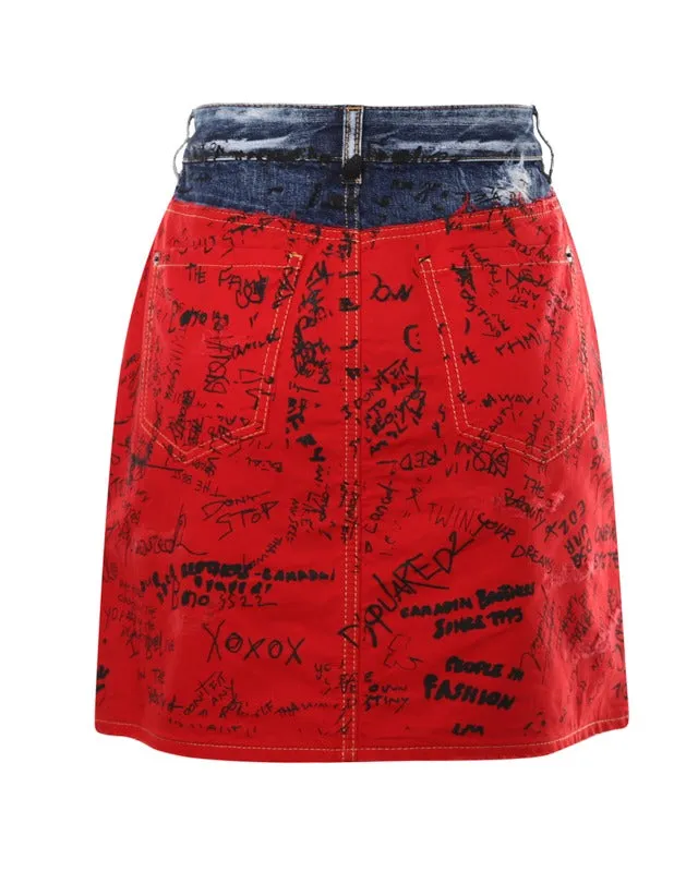 Dsquared2 Graffiti-Printed Straight Hem Denim Skirt