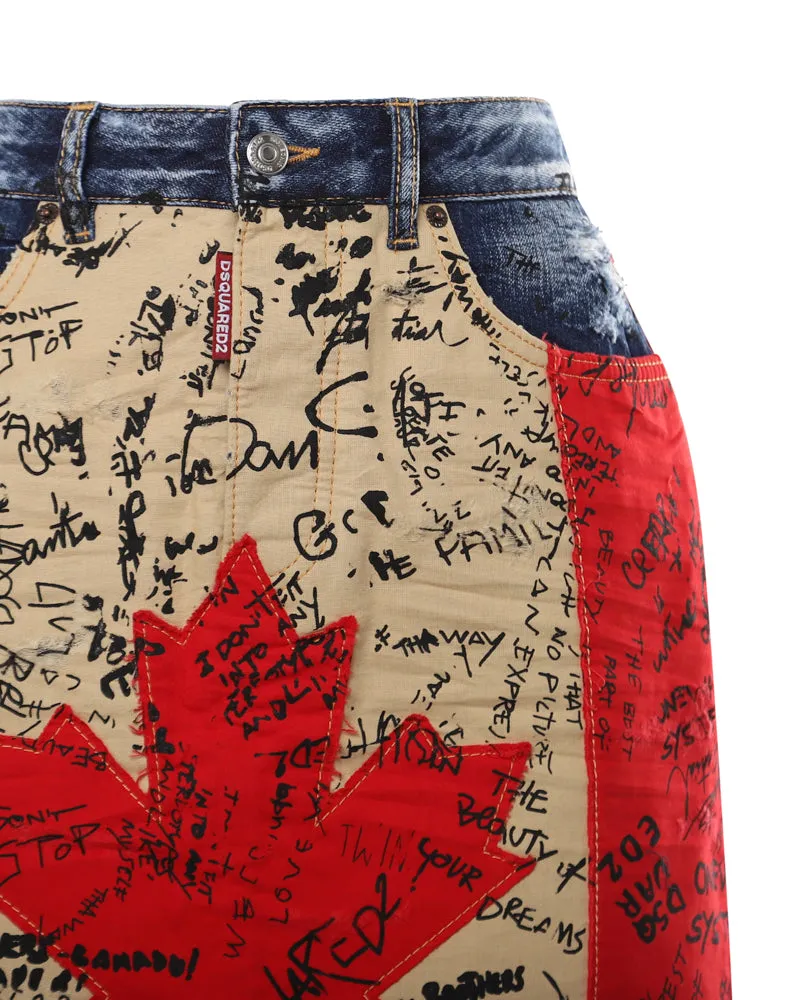 Dsquared2 Graffiti-Printed Straight Hem Denim Skirt