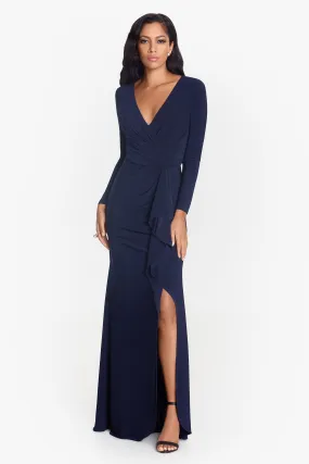 Elle Long Sleeve Side Ruffled Slit Gown