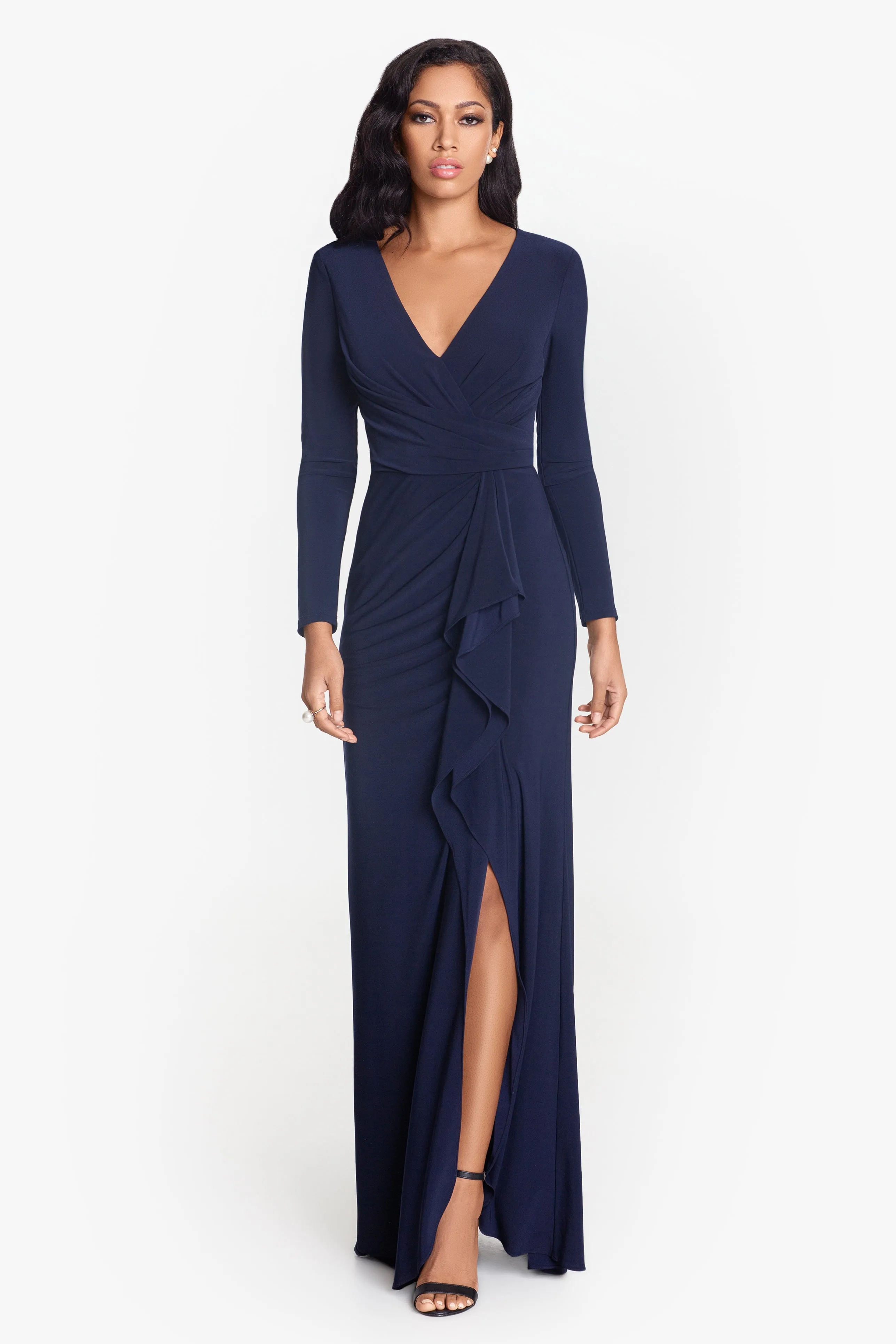 Elle Long Sleeve Side Ruffled Slit Gown