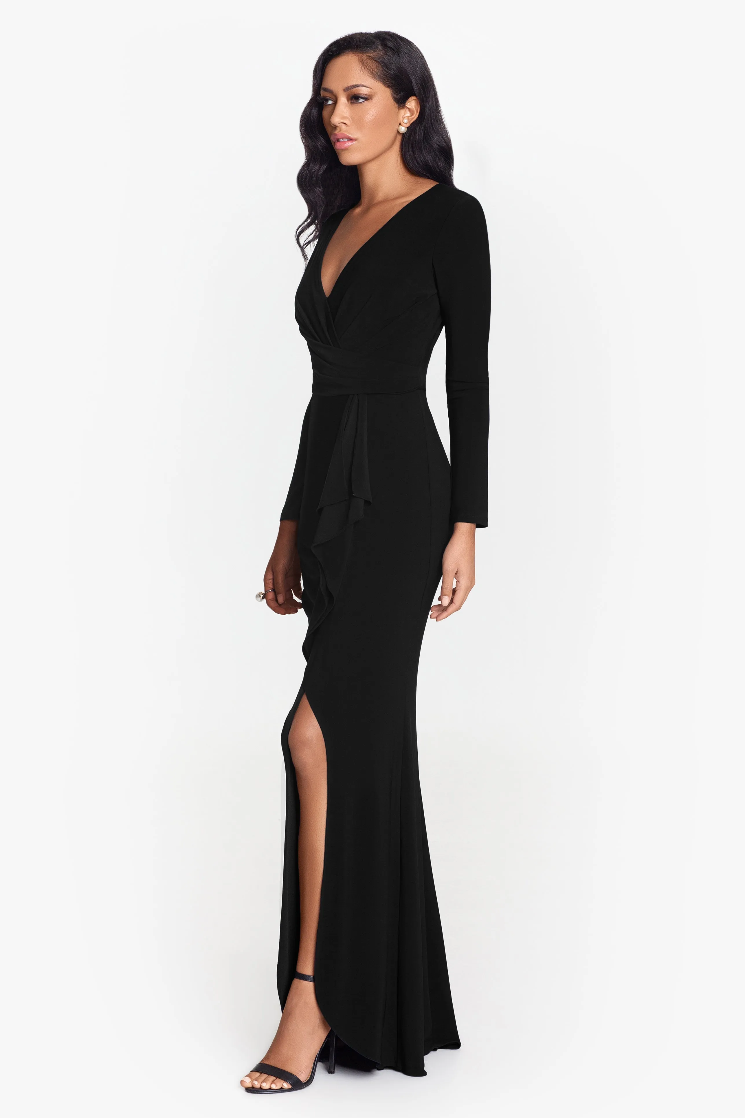 Elle Long Sleeve Side Ruffled Slit Gown