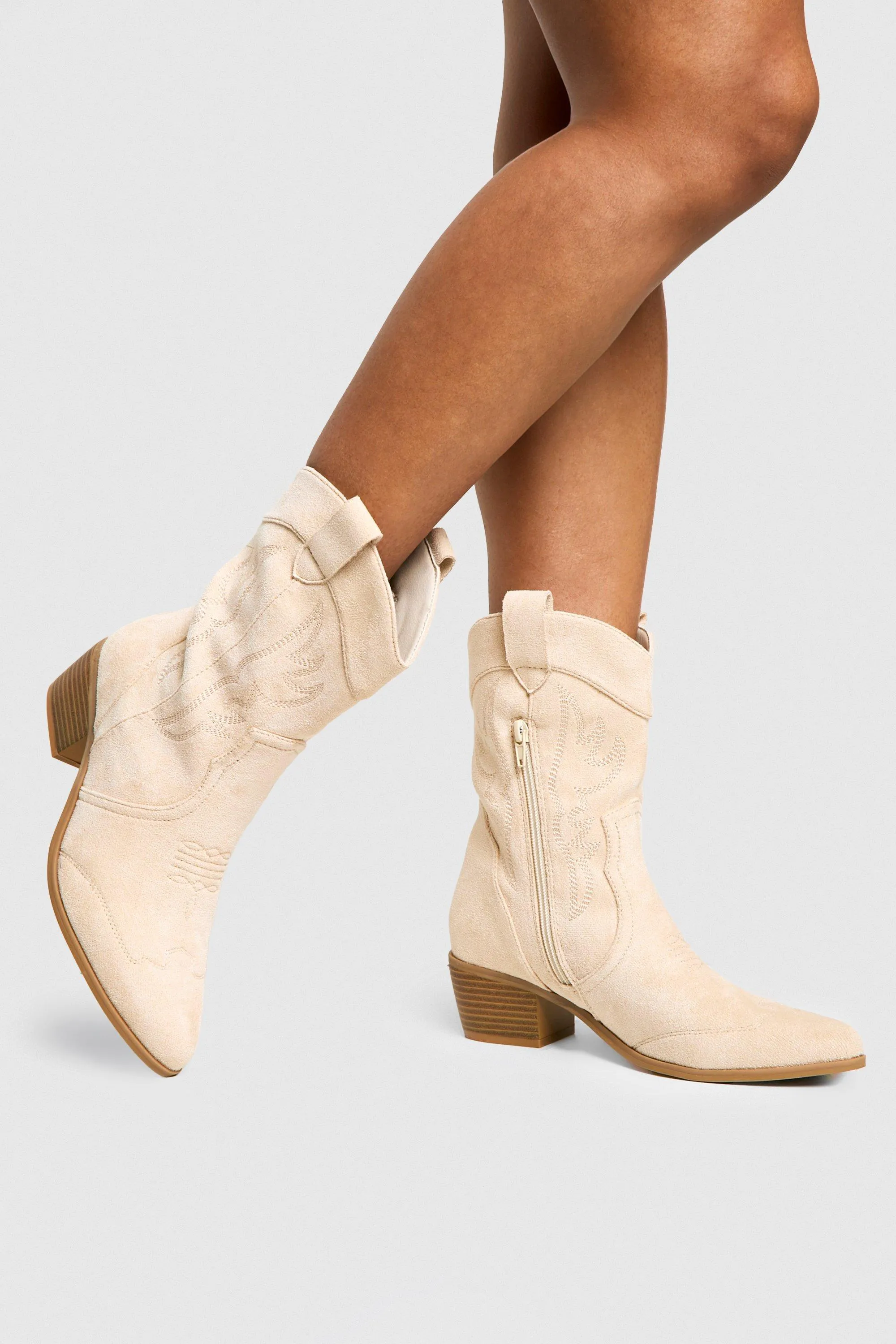 Faux Suede Embroidered Western Ankle Cowboy Boots