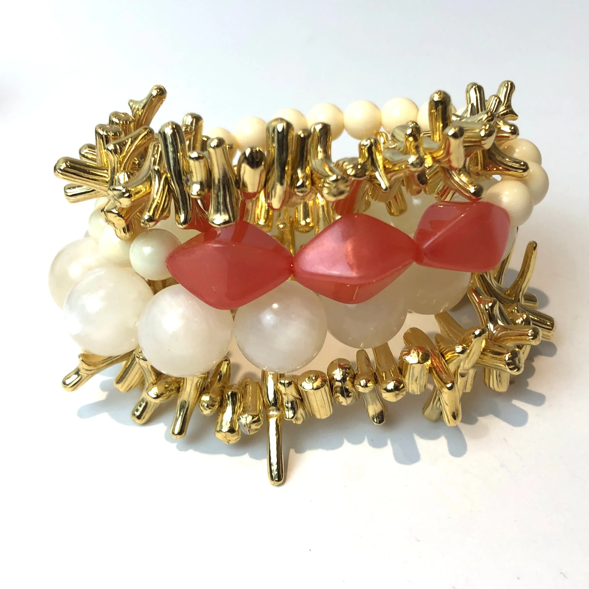 Gold Stick Coral & Cream Stack & Stretch Bracelets Set