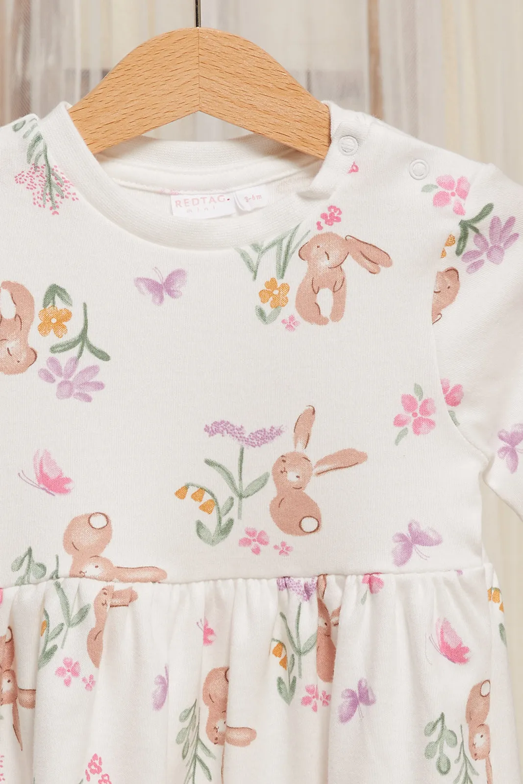 Infant Girls Beige Bunny Floral All Over Print Dress