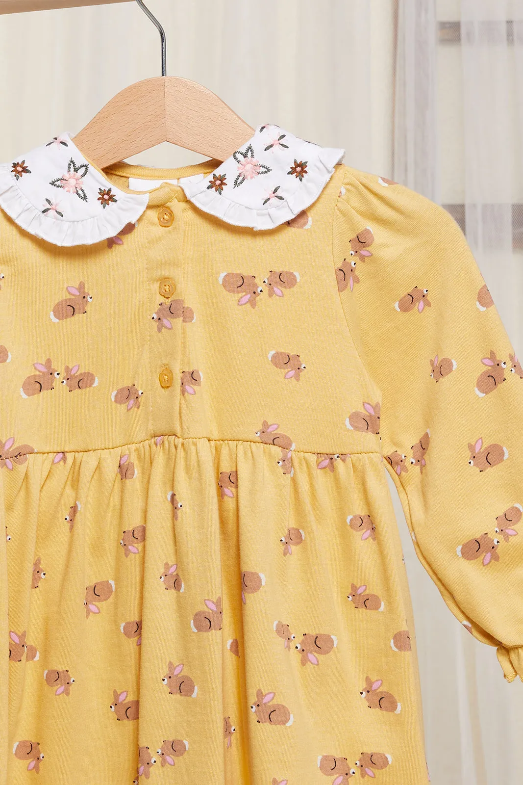 Infant Girls Mustard Bunny Printed Dress With Headband (2 Piece)