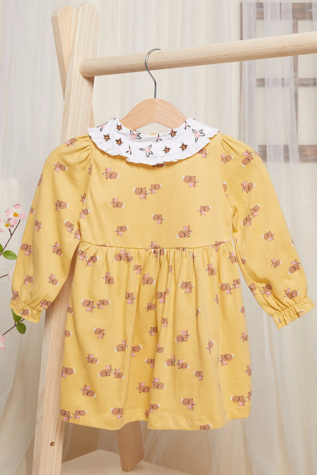 Infant Girls Mustard Bunny Printed Dress With Headband (2 Piece)