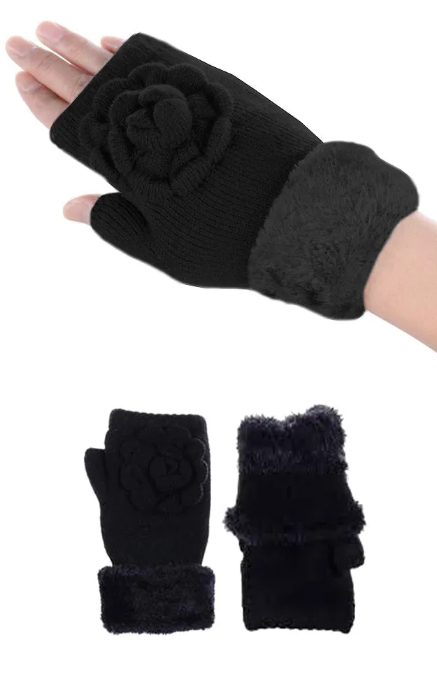 JG707 Black Solid Knit Lining Fingerless Flower ACC Gloves 12prs Pack (JSMP)