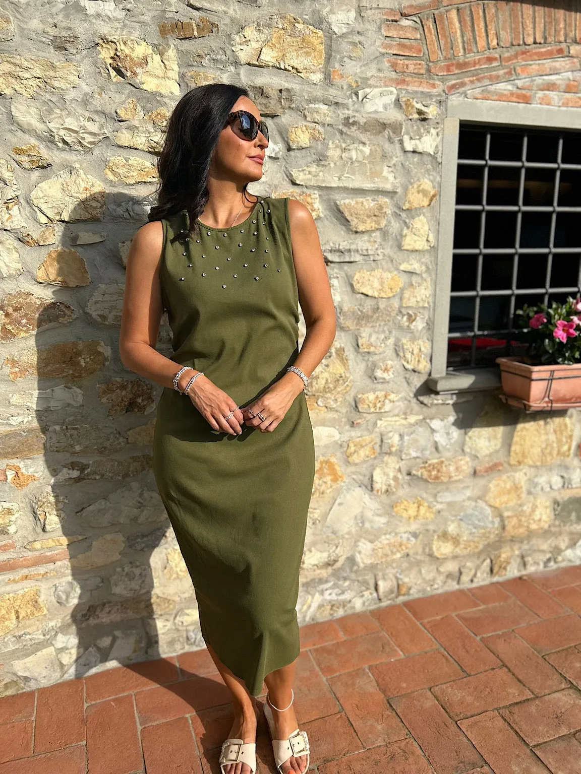 Khaki Sleeveless Cotton Embellished Dress Isabella