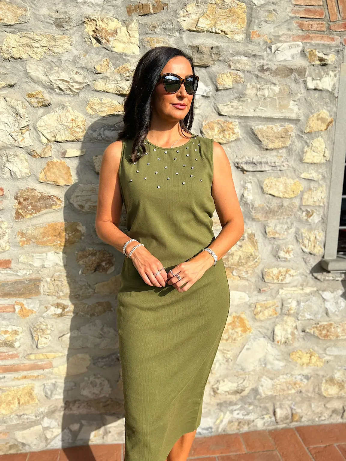 Khaki Sleeveless Cotton Embellished Dress Isabella