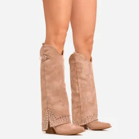 Klay Stud Layered Detail Pointed Toe Knee High Western Cowboy Boot In Taupe Faux Suede