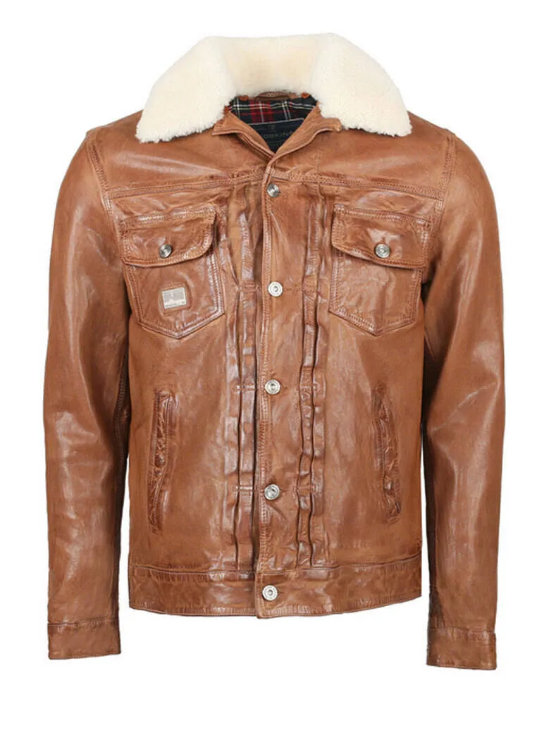 Leather jacket with redskins sheepskin collar for men in cognac davis 2 jeans style