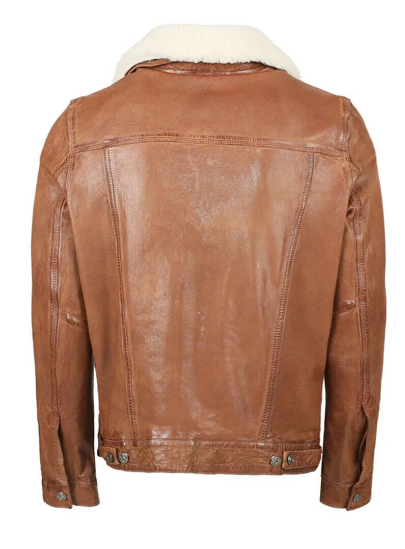 Leather jacket with redskins sheepskin collar for men in cognac davis 2 jeans style