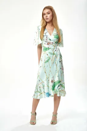 Liquorish Bird Print Midi Wrap Dress In Mint Green