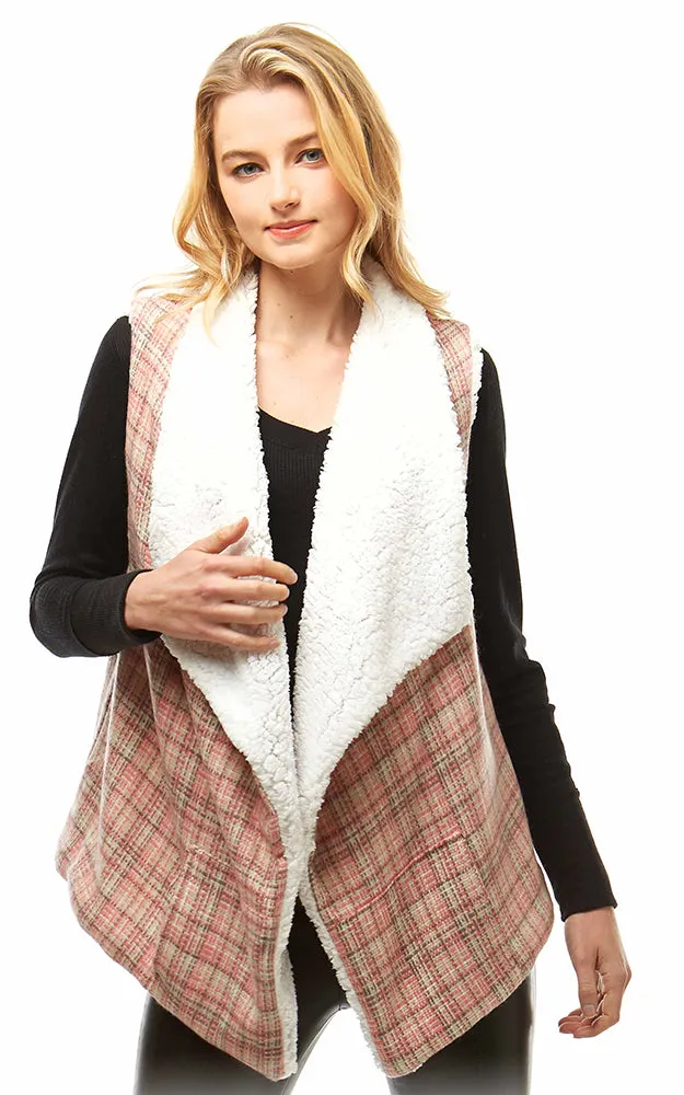 LOF949 Plaid Print Faux Fur Lining Vest