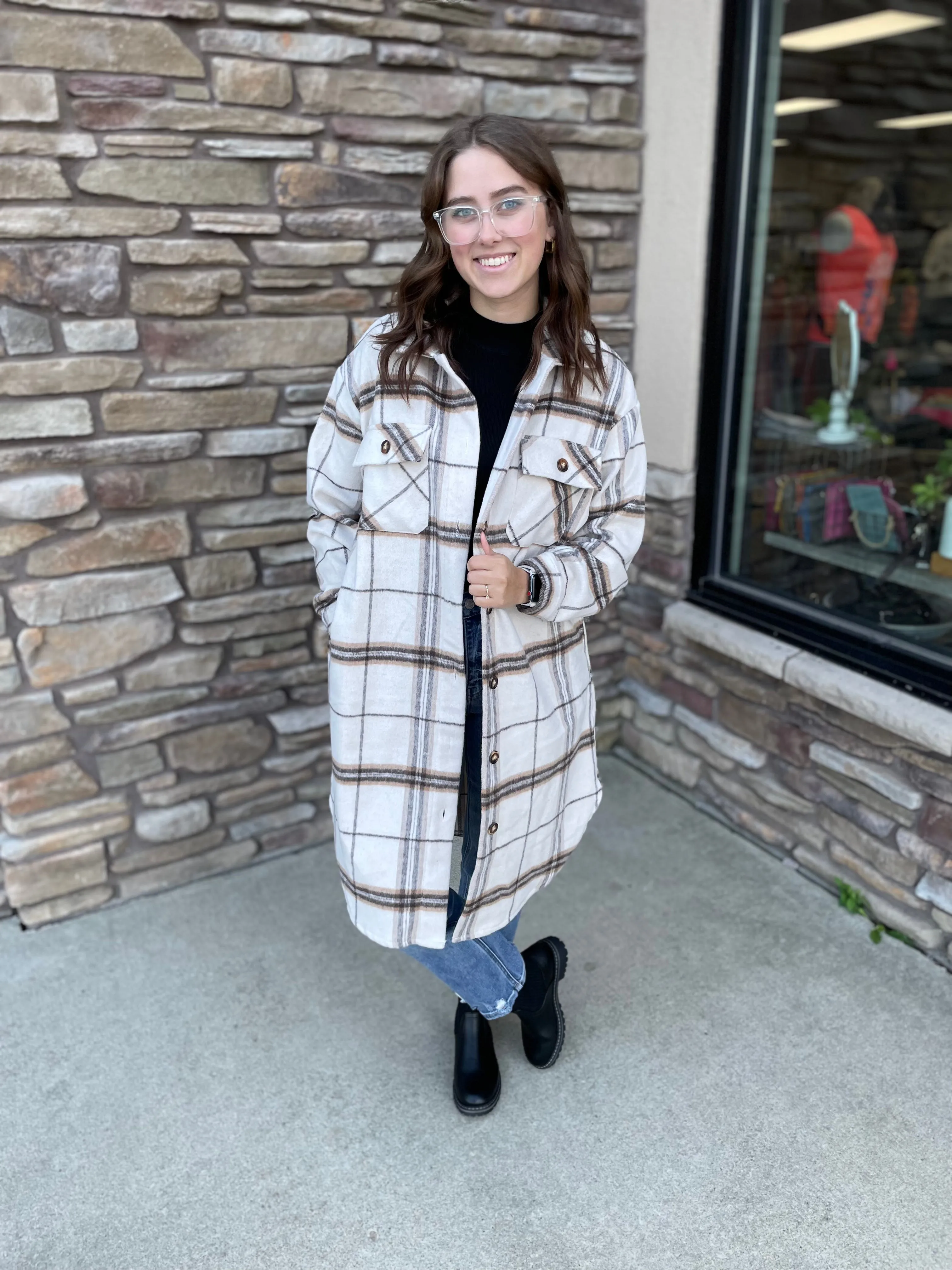 Long Plaid Flannel | Tan & Olive