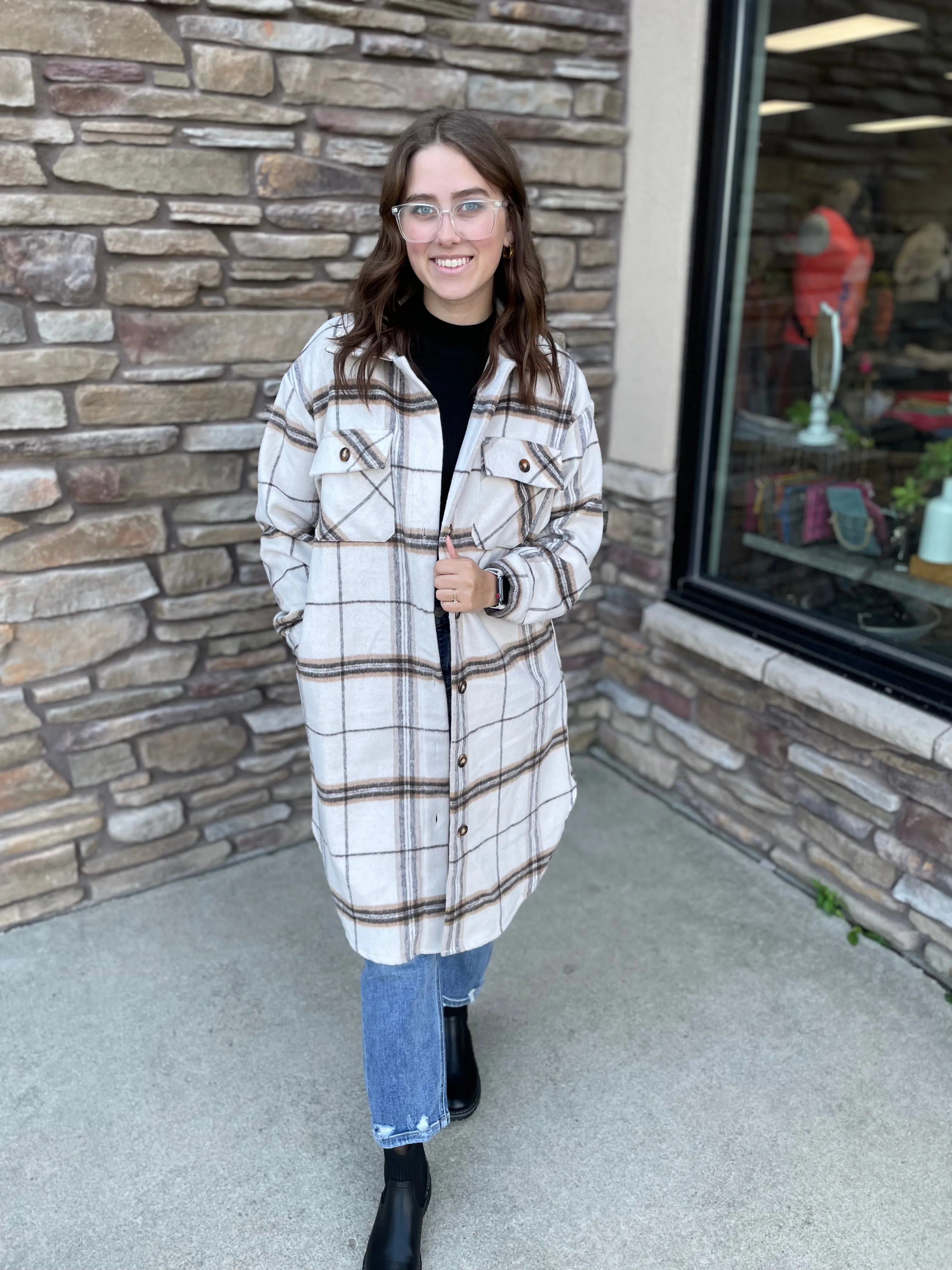 Long Plaid Flannel | Tan & Olive