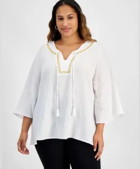 Macy's Jm Collection Plus Size Mirella Embellished-Neck Kimono Top