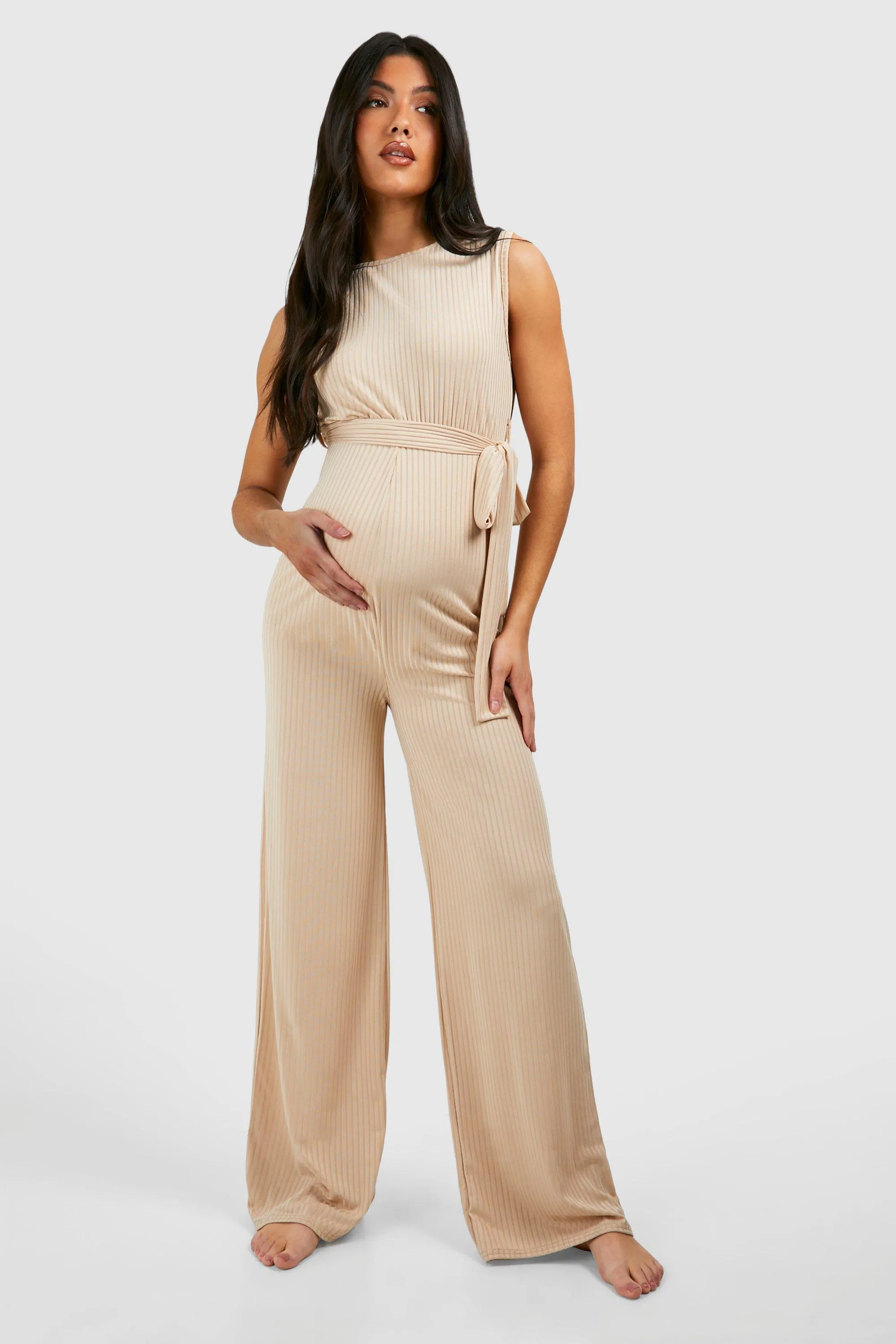 Maternity Rib Belted Sleeveless Lounge Jumpsuit