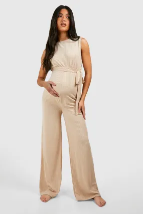 Maternity Rib Belted Sleeveless Lounge Jumpsuit