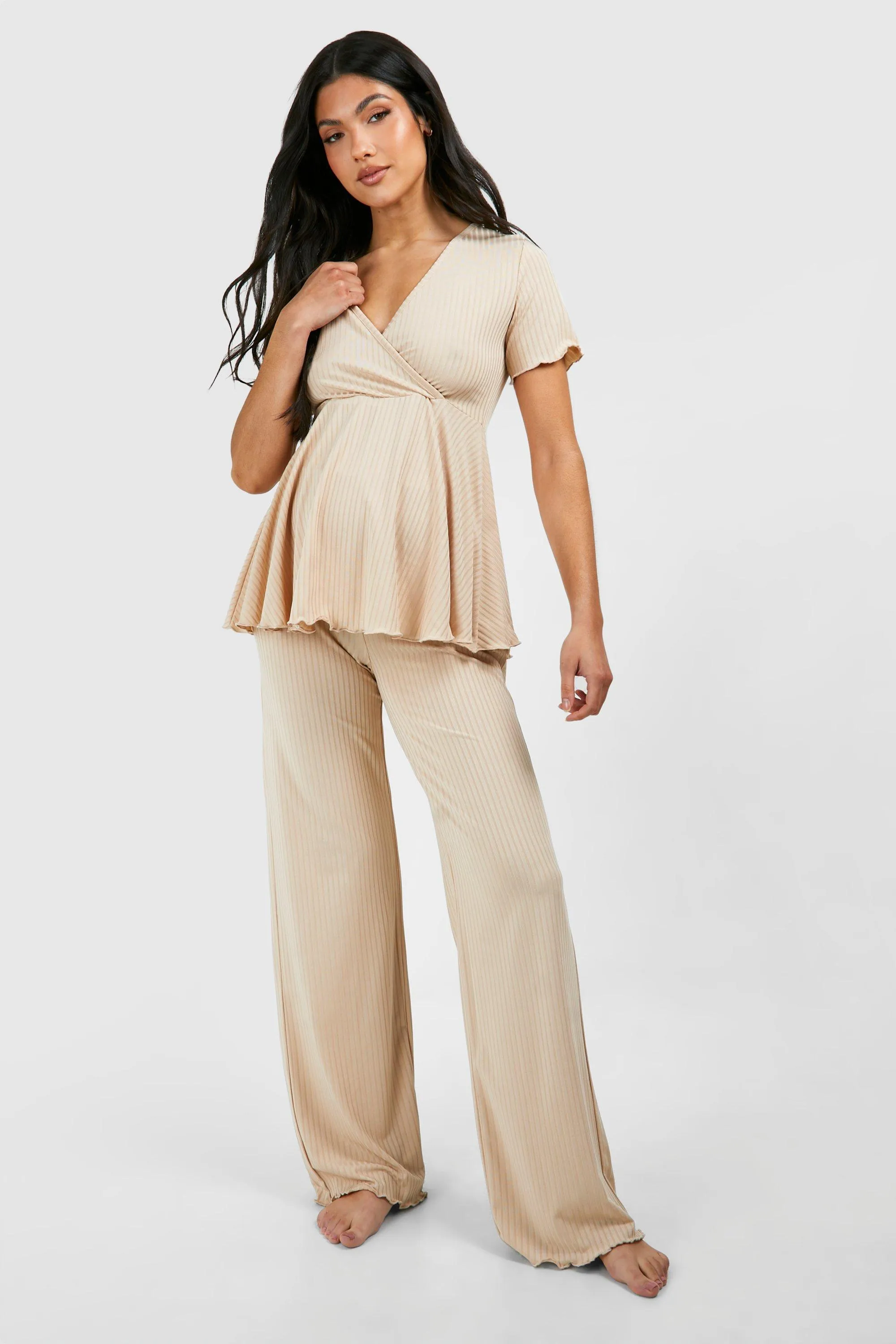 Maternity Rib Peplum Top Wide Leg Lounge Set