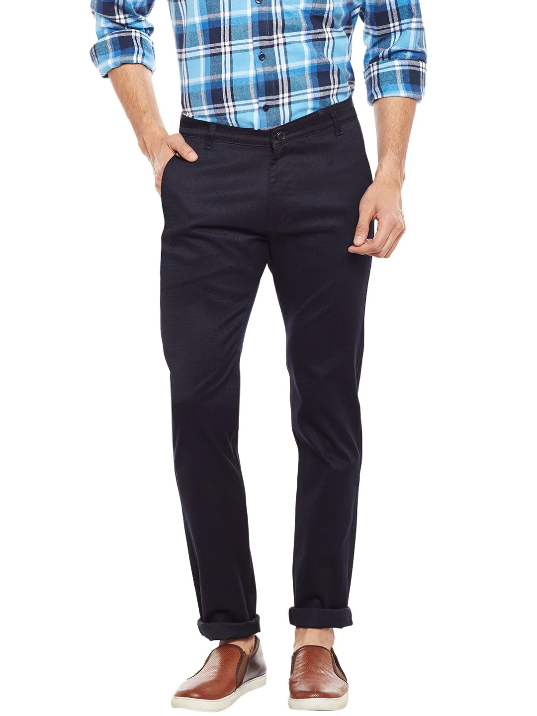 Men Navy Solid  Cotton Stretch Slim Fit Casual Chinos Trouser