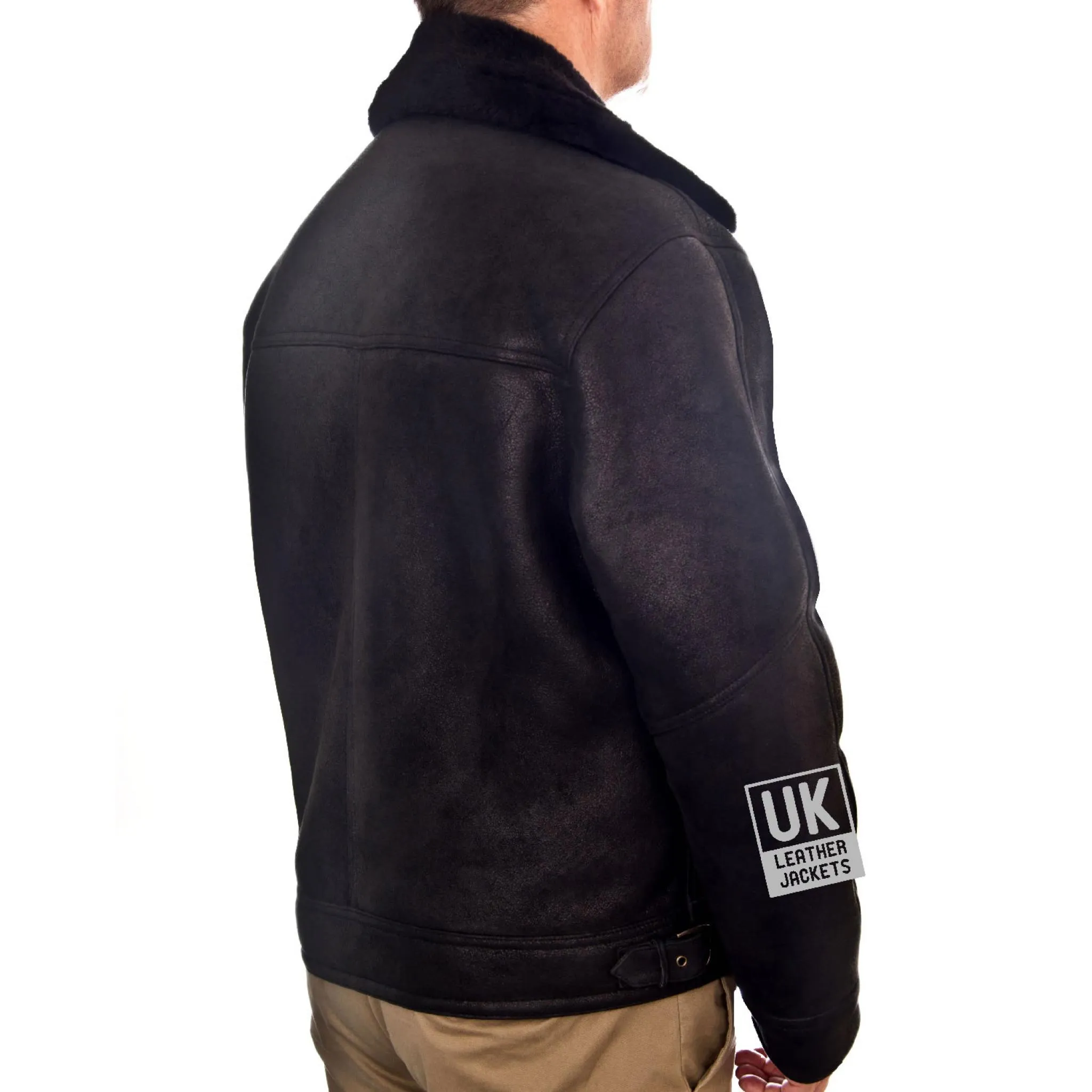 Men's Black Shearling Sheepskin Flying Jacket - Vail | Free UK Delivery