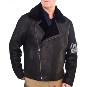 Men's Black Shearling Sheepskin Flying Jacket - Vail | Free UK Delivery