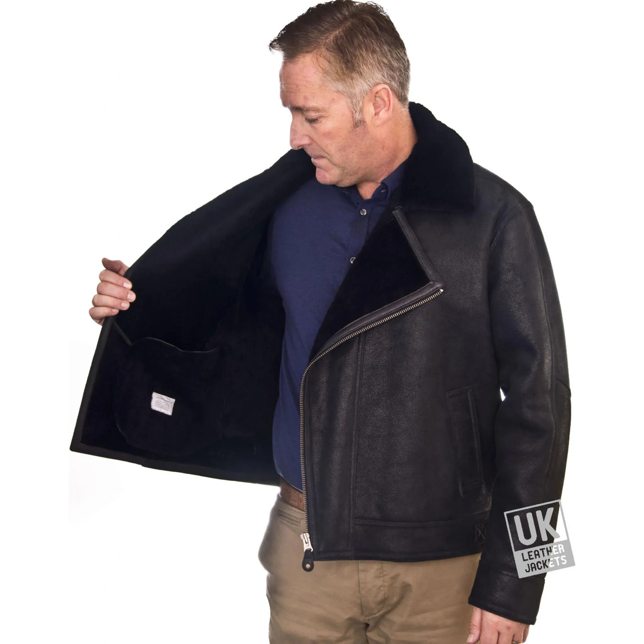 Men's Black Shearling Sheepskin Flying Jacket - Vail | Free UK Delivery